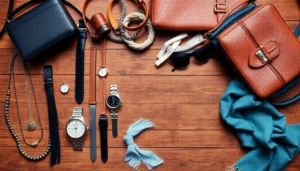 An array of accessories such as necklaces, watches, handbags, scarves, and sunglasses on a wooden surface.