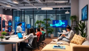 Parents using AI tools in a diverse work setting, representing the integration of AI in work-life balance.