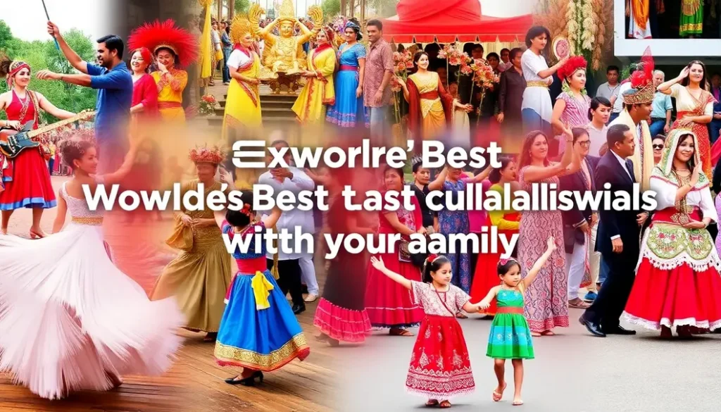 A collection of images showcasing different cultural festivals, with people in traditional attire and families enjoying the events.
