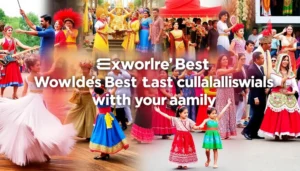 A collection of images showcasing different cultural festivals, with people in traditional attire and families enjoying the events.