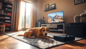A dog relaxing in a living room with a gaming console displaying an open-world game on screen.