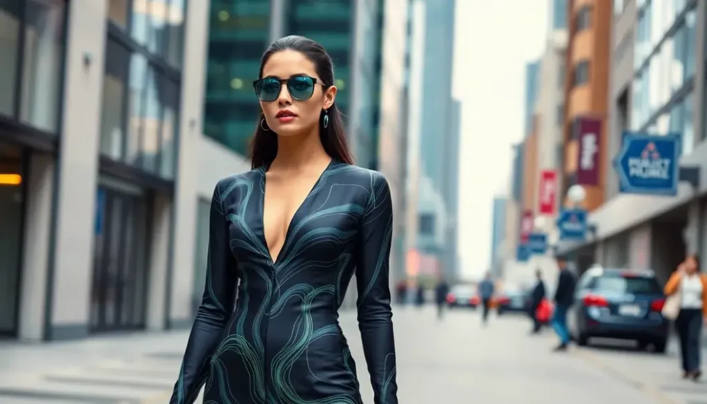 A model in a high-fashion outfit that features swirling, quantum-like design patterns in a futuristic city setting.